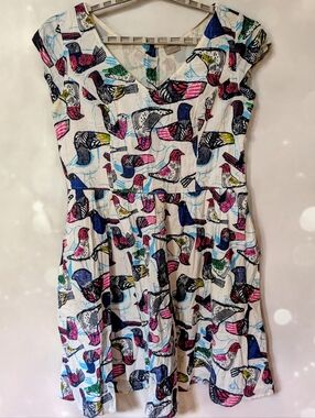 1X eShakti Swing Dress in White Cotton Very Colorful Bird Print 80s 2010s Summer